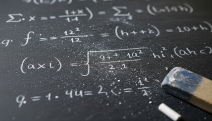 Fototapeta premium Mathematical equations and formulas on blackboard with chalk and eraser