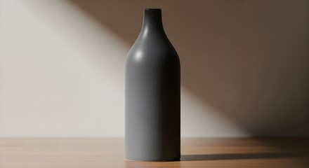 A tall gray vase on a wooden table with a beam of light