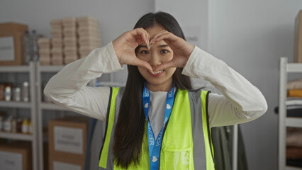 Young woman in a reflective vest makes a heart gesture at a volunteer center, surrounded by charity...
