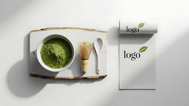 Top view of a white bowl filled with green matcha powder a bamboo whisk and a spoon on a rustic wooden board with a logo paper