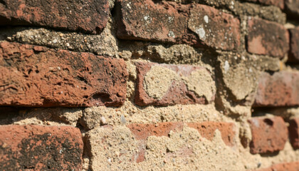 Obraz premium Old red brick wall with crumbling mortar and weathered texture