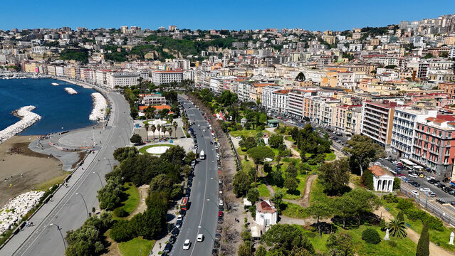Chiaia Riviera In Naples Campania Italy. Modern City Center With Skyscrapers Reflecting The Urban Life. Town Sky Backgrounds Urban. Town Outdoor Panning Wide. Naples Campania.