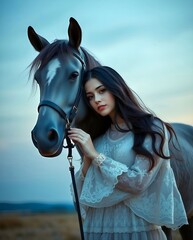 Obraz premium Young woman with gray horse in serene outdoor setting