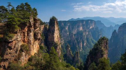 Fototapeta premium Golden hour sunlight illuminates the striking sandstone pillars of Zhangjiajie National Forest Park, adorned with evergreen trees.