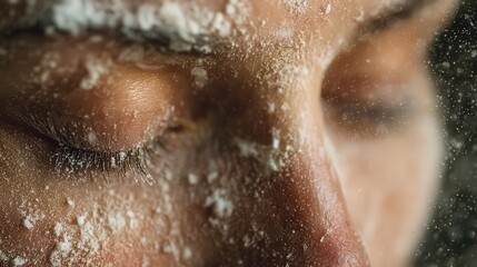 Fototapeta premium Extreme close up captures face covered with fine white particles under harsh light