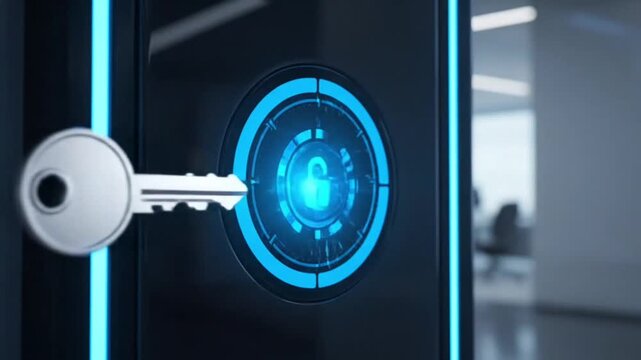 A futuristic digital illustration of a safe deposit box inside a high tech bank featuring a blue network interface and circular data design for a modern business communication wallpaper