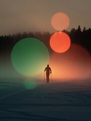 Nordic skier at dawn, body reduced to line, breath dissolving into green white red haze, five circular light echoes