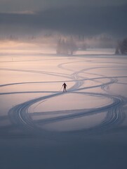 Cross country skier at dawn, breath visible, landscape flattened into soft gradients, motion trails forming five overlapping loops, intimate DOF, poetic endurance, cinematic still