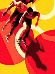 Graphic speed skating scene, exaggerated perspective, bold shadows, duotone palette, overlapping circular forms as motion markers, classic Olympic design language