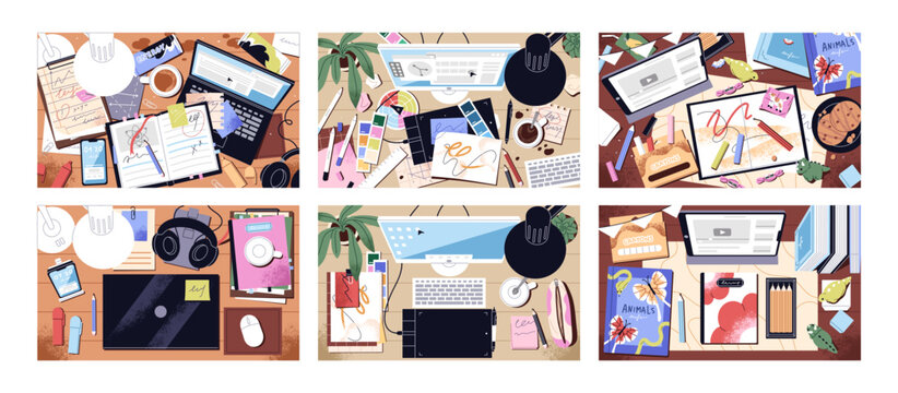 Messy and clean computer desks top view set. Dirty and tidy office workplaces overhead. Above tables with mess, disorder, books, stationery, documents, laptops and things. Flat vector illustrations.