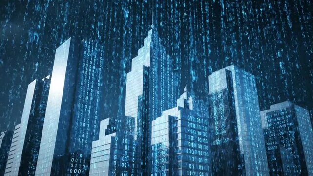 A nighttime urban landscape illustration featuring a blue skyscraper silhouette and city skyline vector design with glowing street lights in a downtown business architecture view