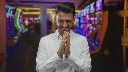 Fototapeta premium Young hispanic man clapping hands at a slot machine in a vibrant neon lit casino building; win luck excitement.