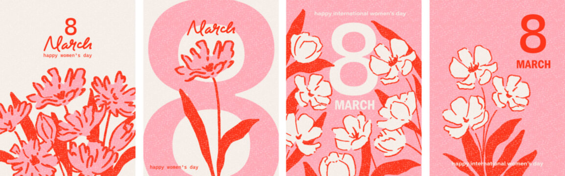 8 March greeting cards set with red and white flowers. Hand drawn, sketched spring flowers. Women's day congratulations. Pink, red, white colors. 
