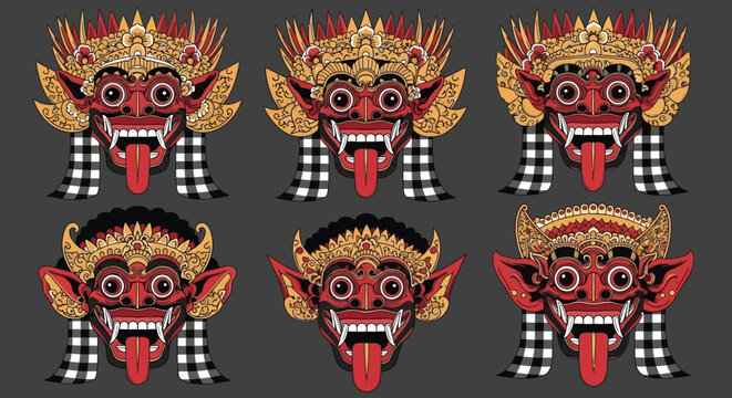 Set of six traditional Balinese Rangda masks with varying designs.