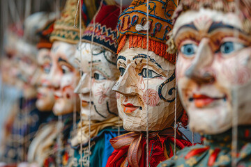 Fototapeta premium Colorful handcrafted puppets controlled by puppeteer in traditional children entertainment generative AI