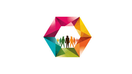 Vibrant abstract hexagon surrounding diverse people silhouettes, symbolizing unity, collaboration, and social inclusion.