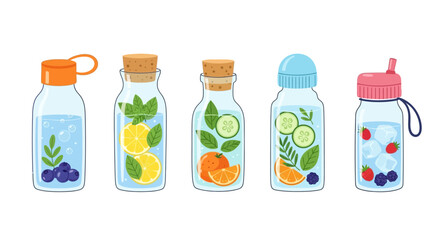 Five bottles of flavored water with fruits and berries. © Abhinaya Project