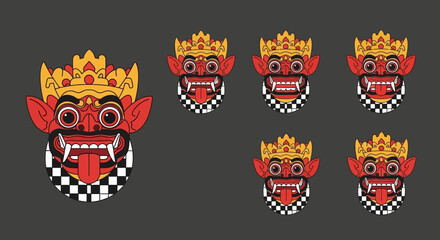 Fototapeta premium Balinese Barong Mask Icon Set with Checkered Pattern.