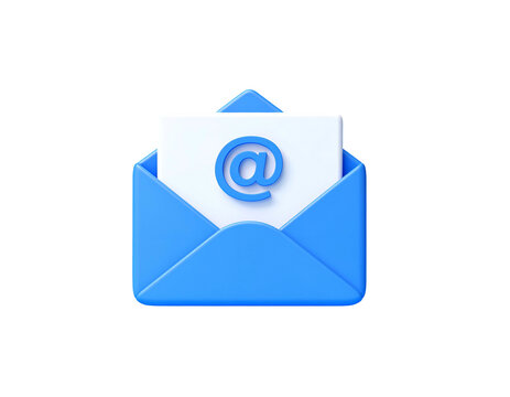 Blue open envelope with white paper and @ symbol