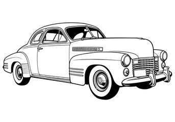 Classic 1940s vintage luxury coupe car line art vector
