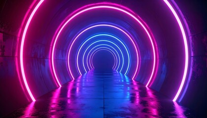 Obraz premium Abstract Neon Tunnel with Glowing Rings and Reflections.