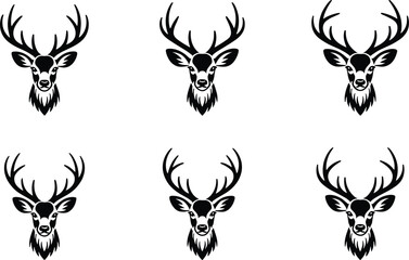 Obraz premium Deer head silhouette icons set illustration, majestic stag with antlers representing wildlife, hunting emblem, forest animal symbol, nature logo design isolated on white background
