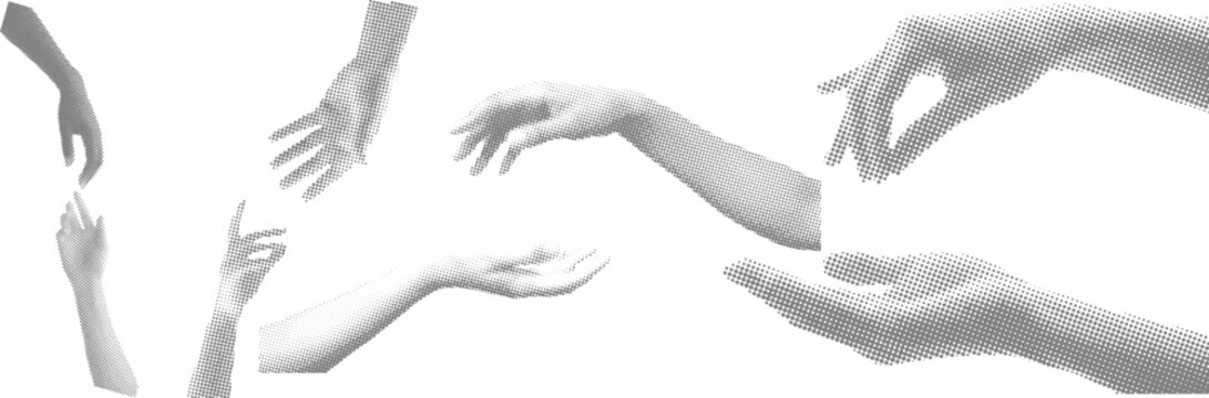 Retro pop art halftone human hand with pointing finger vector illustration. Vintage grunge punk dotted cut out pop art style collage element for mixed media, magazine, poster or infographic design