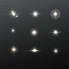 Set of glowing light bursts with sparkles, lens flares, explosions, Star and sparks, Vector. Glare radiance effect