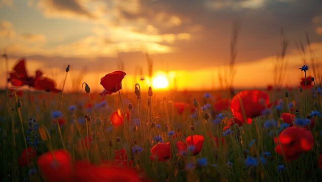 A vibrant summer meadow filled with red poppies and blue cornflowers under a dramatic sunset sky