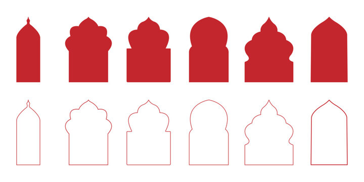 Islamic arch window frames set, pastel mihrab shapes, mosque niche silhouettes, decorative vector templates for Ramadan Eid design. Old islamic window shapes vector set in oriental style. eps 10
