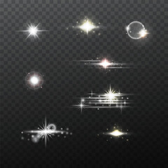 Set of glowing light bursts with sparkles, lens flares, explosions, Star and sparks, Vector. Glare radiance effect