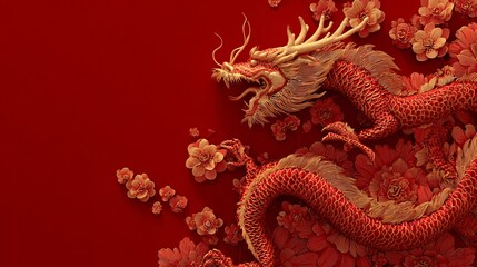 Obraz premium A vibrant red dragon surrounded by golden flowers and blossoms, symbolizing good fortune and prosperity during Lunar New Year.