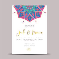 Invitation card design with vector mandala pattern. Ornamental floral frame. Vintage ornament card. Gold, Luxury wedding invitation