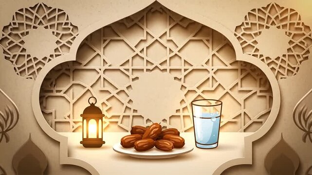 Ramadan Kareem Cartoon Still Life Animation with Lantern, Dates and Water
