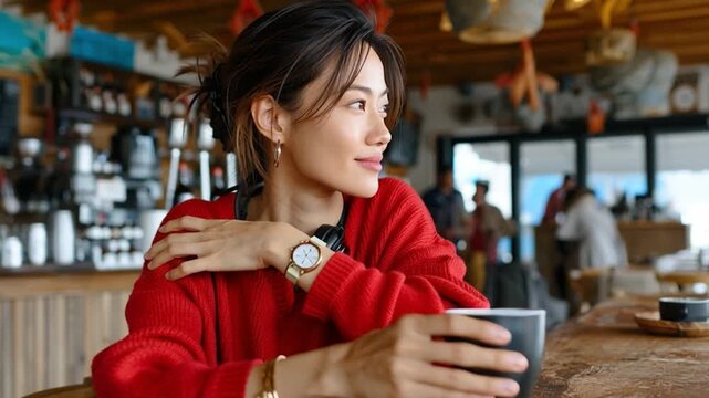 Serene Cafe Moment: A captivating woman takes a tranquil break, savoring a moment of peace while enjoying a beverage in a cozy cafe setting.