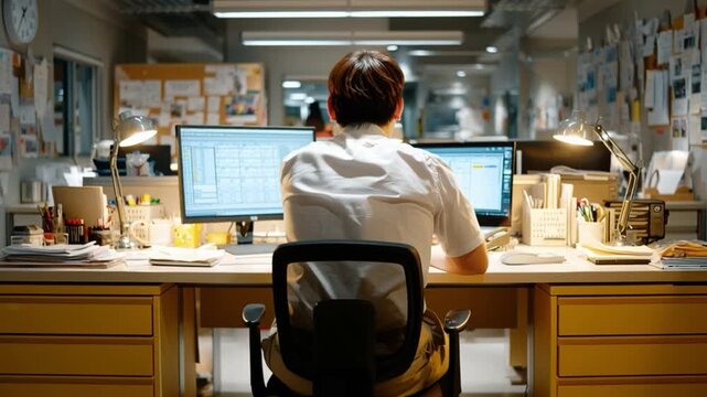 Focused Work: A diligent professional engrossed in focused work at a cluttered workstation, illuminated by natural light. The scene captures the essence of productivity.