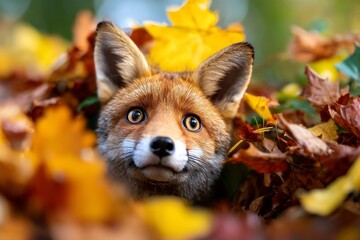Fototapeta premium Cute Fox Peeking Through Vibrant Autumn Foliage in a Humorous Scene