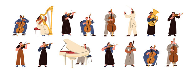 Symphonic orchestra set. Musicians with different musical instruments play classical music. Performers on piano, violin, cello, harp, trumpet. Flat isolated vector illustrations on white background. © Paper Trident