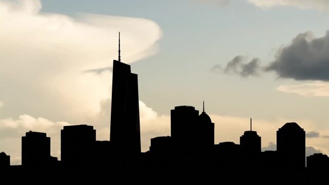 A black vector illustration of the urban skyscraper buildings and downtown tower architecture forming a silhouette of the Los Angeles and Chicago city skyline at sunset