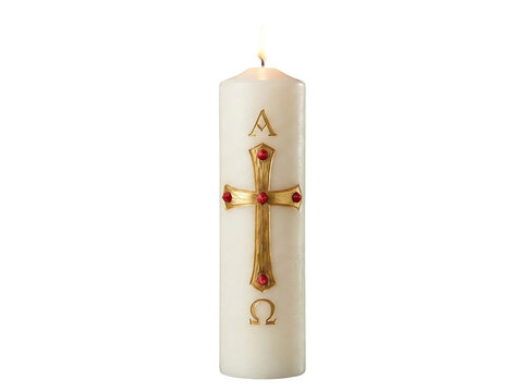 Lit Paschal Candle with Cross and Alpha Omega Symbols