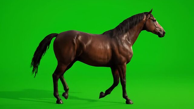 Majestic horse galloping in slow motion video against a vibrant green background from a side viewpoint