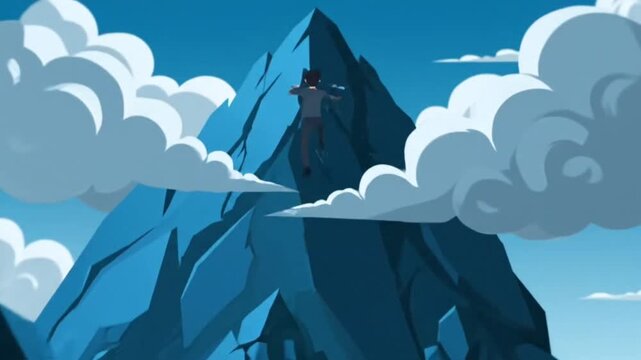 Vector illustration of a fairy tale castle and a night landscape with a witch under a blue mountain sky with summer clouds and ocean waves