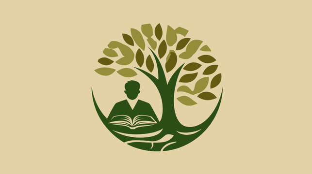 Stylized logo featuring a person reading a book integrated with a tree, symbolizing education, knowledge, growth, and wisdom.