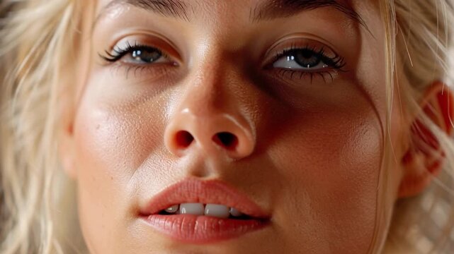 Radiant Gaze: A close-up shot of a woman with blond hair, her features illuminated, capturing her soft skin and compelling eyes. 