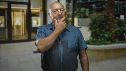 Fototapeta premium Man touching chin in a modern building atrium by storefront displays and indoor plants, wearing blue denim shirt and studying the scene with a pensive pose; thoughtful reflection.