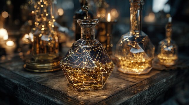 Alchemical still life featuring golden atoms extracted by luminous geometric energy fields, symbolizing transformation.
