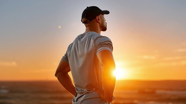 A contemplative man embracing sunset silhouette: Silhouette of a man with a cap against the backdrop of a breathtaking sunset, hands at his hips.
