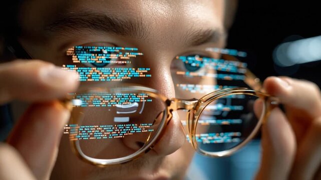 Visionary Gaze: A close-up shot focuses on eyes peering over glasses displaying code, implying a person's immersive involvement with technology. 