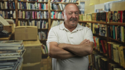 Man with crossed arms wearing a white polo stands amid bookshelves and stacked boxes in a used bookstore inside a building  confidence stewardship. © Krakenimages.com