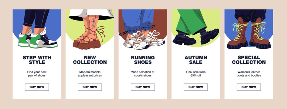 Set of product cards designs for online boots store. UI templates with shoes and buttons to buy. Web shop interface layouts with feet in fashion sneakers and stylish sandals. Flat vector illustrations